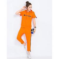 womens sports active summer t shirt pant suits solid hooded short slee ...