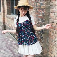 Women\'s Going out Casual/Daily Cute Summer T-shirt Dress Suits, Print Asymmetrical Short Sleeve Micro-elastic