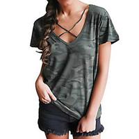 Women\'s Lace up Casual/Daily Simple Summer T-shirt, Camouflage V Neck Short Sleeve Green Cotton Medium