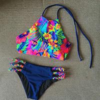 womens sexy halter bikini swimwear lace up rainbow print nylon multi c ...