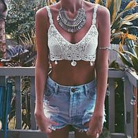 Women\'s Backless Deep V Neck Tassel Crochet Crop Top