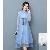 Women\'s Going out Party/Cocktail Vintage Simple Spring Fall Shirt Dress Suits, Solid Stand Long Sleeve Micro-elastic