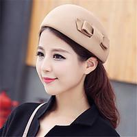 women autumn winter dome woolen cashmere solid color bow topper hat