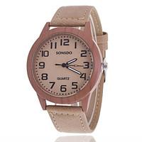 Women/Men\'s Wooden Leather Band Analog Round Case Wrist Watch Jewelry