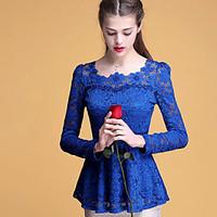 womens lace plus size simple fall shirtsolid round neck long sleeve bl ...