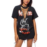 Women\'s Club Holiday Sexy Punk Gothic Summer T-shirt Print Letter Criss-Cross Cut Out Round Neck Short Sleeve Medium