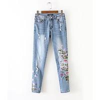 Women\'s High Waist Micro-elastic Jeans Pants, Simple Skinny Floral