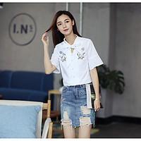 Women\'s Casual/Daily Street chic Chinoiserie Summer Shirt, Embroidered V Neck Short Sleeve Cotton Thin