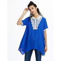 Women\'s Casual/Daily Plus Size Summer T-shirt, Solid V Neck ½ Length Sleeve Blue / Red / Black Polyester Thin