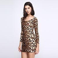 Women\'s Backless Club Sexy Bodycon Dress, Leopard U Neck Mini Long Sleeve Brown Cotton/Modal/Spandex Summer Mid Rise Stretchy Opaque/Thin