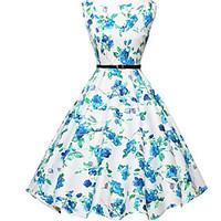 Women\'s Casual/Daily Vintage A Line Dress, Floral Round Neck Knee-length Sleeveless Blue Cotton Summer