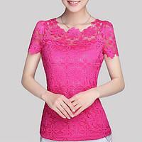Women\'s Lace Casual/Daily / Plus Size Fall Blouse, Solid Round Neck Short Sleeve Blue / Pink / White / Beige / Black Polyester Translucent