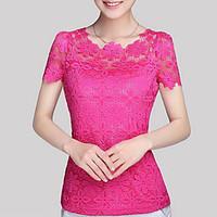 womens lace casualdaily plus size fall blouse solid round neck short s ...