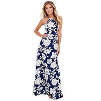 Women\'s Boho Beach Boho Sheath Dress, Floral Strap Maxi Sleeveless Blue Cotton Summer