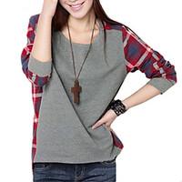 Women\'s Plaid Splicing Round Collar T-shirt