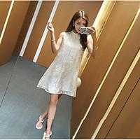 Women\'s Casual/Daily Lace Dress, Solid Stand Above Knee Sleeveless Polyester Summer Mid Rise Inelastic Thin