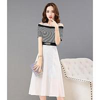 Women\'s Casual/Daily Simple A Line Dress, Striped Round Neck Midi Short Sleeve Cotton Summer High Rise Micro-elastic Medium