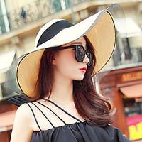 Women\'s Fashion Straw Hat Sun Hat Wide Brim Hat/Cap Cute Casual Solid Mesh Bowknot Beach Summer Beige