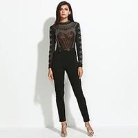 Women\'s Skinny JumpsuitsCasual/Daily / Club Sexy / Street chic See-through Blouses Hot Fix Rhinestone Solid Patchwork Crew Neck Long Sleeve