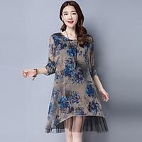 Women\'s Casual/Daily Vintage Tunic Dress, Floral Round Neck Knee-length Long Sleeve Others Spring Mid Rise Inelastic Thin