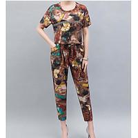 Women\'s Work Vintage Spring T-shirt Pant Suits, Paisley Round Neck 3/4-Length Sleeve Inelastic