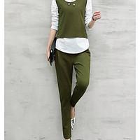 Women\'s Going out Casual/Daily Vintage Summer T-shirt Pant Suits, Solid Shirt Collar 3/4 Length Sleeve Patchwork Micro-elastic