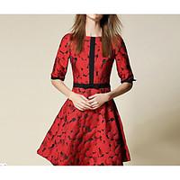 Women\'s Going out Beach Holiday Sexy Vintage Swing Dress, Embroidered Stand Knee-length ½ Length Sleeve Cotton Spring Fall Mid Rise