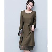 Women\'s Casual/Daily Loose Dress, Solid Round Neck Knee-length Long Sleeve Polyester Spring Mid Rise Micro-elastic Medium