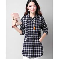 womens casualdaily simple shirt check stand long sleeve cotton