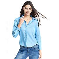 Women\'s Casual/Daily Sexy Shirt, Solid Shirt Collar Long Sleeve Blue Cotton