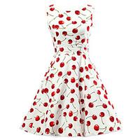 Women\'s Going out Vintage / Cute A Line / Skater Dress, Print Round Neck Knee-length Sleeveless White Cotton Spring Mid Rise Micro-elastic