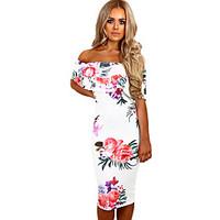 Women\'s Party Club Sexy Bodycon Dress, Print Boat Neck Midi Short Sleeve Polyester Spandex Summer High Rise Stretchy Medium