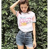 womens casualdaily simple t shirt color block letter round neck short  ...