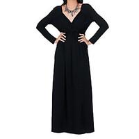 Women\'s Casual/Daily Simple Loose Dress, Solid V Neck Maxi Long Sleeve Polyester Summer High Rise Inelastic Thin