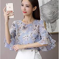 Women\'s Casual/Daily Simple Summer Blouse, Floral Round Neck Short Sleeve Polyester Thin