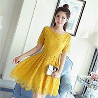 womens casual a line dress solid round neck above knee short sleeve la ...