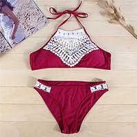 womens halter bikini lace up solid polyester red