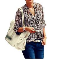 Women\'s Leopard Stand Collar Chiffon Flanging Long Sleeve Chiffon Blouse Shirt Plus Size