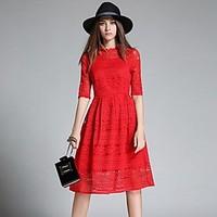 Women\'s Lace Party Street chic A Line Dress, Jacquard Round Neck Knee-length ½ Length Sleeve Pink / Red / Black Polyester Summer