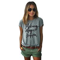 Women\'s Casual/Daily Street chic Spring T-shirt, Print Round Neck Short Sleeve Gray Cotton Opaque