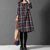 Women\'s Casual/Cute/Plus Sizes Check Contrast Color Inelastic Long Sleeve Knee-length Loose Dress (Cotton/Linen)