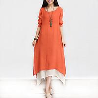 Women\'s Vintage / Casual / Day Solid / Patchwork / Split Loose Thin Dress , Asymmetrical False Two Cotton / Linen