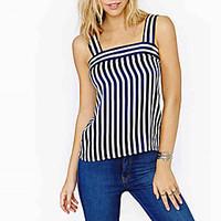 Women\'s Fine Stripe Casual/Daily Simple Fall T-shirt, Solid Boat Neck Long Sleeve Blue / White Cotton Opaque
