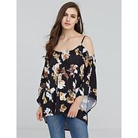 Women\'s Off The Shoulder Going out / Casual/Daily Sexy All Seasons Shirt, Floral Boat Neck ¾ Sleeve Black Polyester Medium