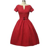 Women\'s Vintage Swing Dress, Solid V Neck Knee-length Short Sleeve Blue / Red / Black Cotton Fall