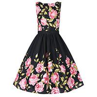 Women\'s Plus Size Vintage Skater Dress, Floral Round Neck Knee-length Sleeveless Black Cotton Fall