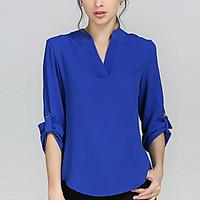 Women\'s Solid Blue / White Blouse, V Neck Long Sleeve