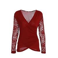 Women\'s Going out / Club Sexy / Simple Slim Spring / Fall T-shirtPatchwork Lace V Neck Long Sleeve Red