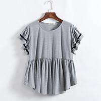 Women\'s Ruffle Casual/Daily Plus Size / Street chic Summer T-shirt, Solid Round Neck Short Sleeve Black / Gray Cotton Medium