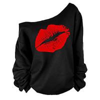 Women\'s Off The Shoulder Going out Sexy/Street chic T-shirt, Print One Shoulder Long Sleeve Red/White Cotton Medium